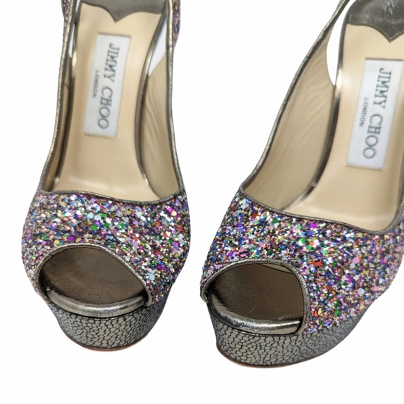 Jimmy Choo Multicolor Glitter Vibe Leather Peep Toe Platform Pumps 37.5 - Picture 5 of 11